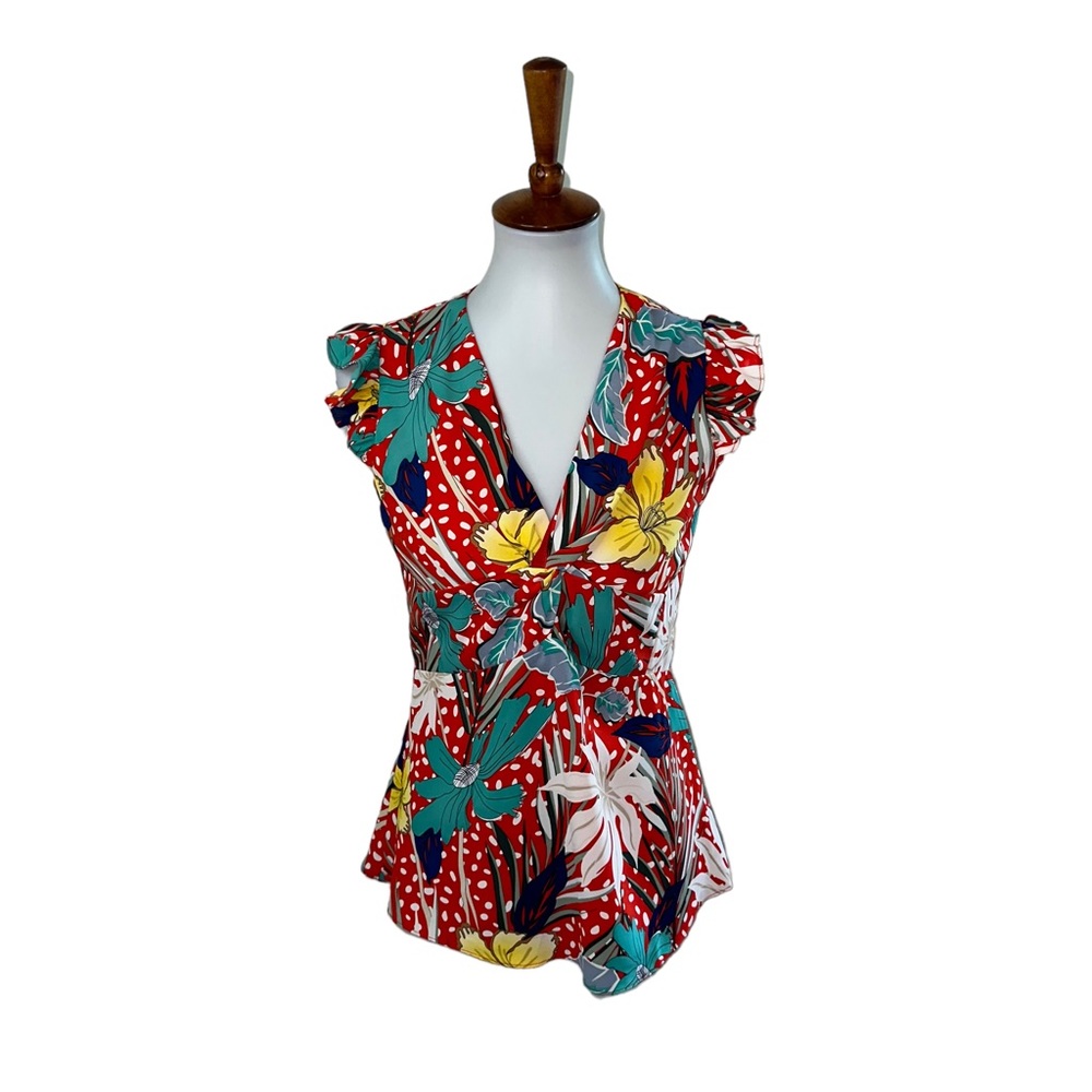Jade Melody Tam Peplum Blouse Floral Red Size XS